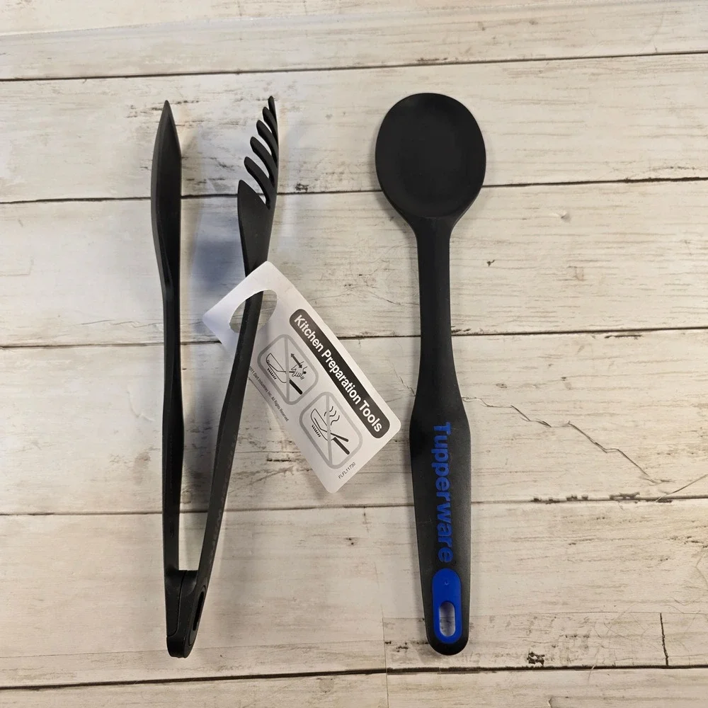 Tupperware Kitchen Preparation Tools Black Serving Spoon and Tongs Set NWT